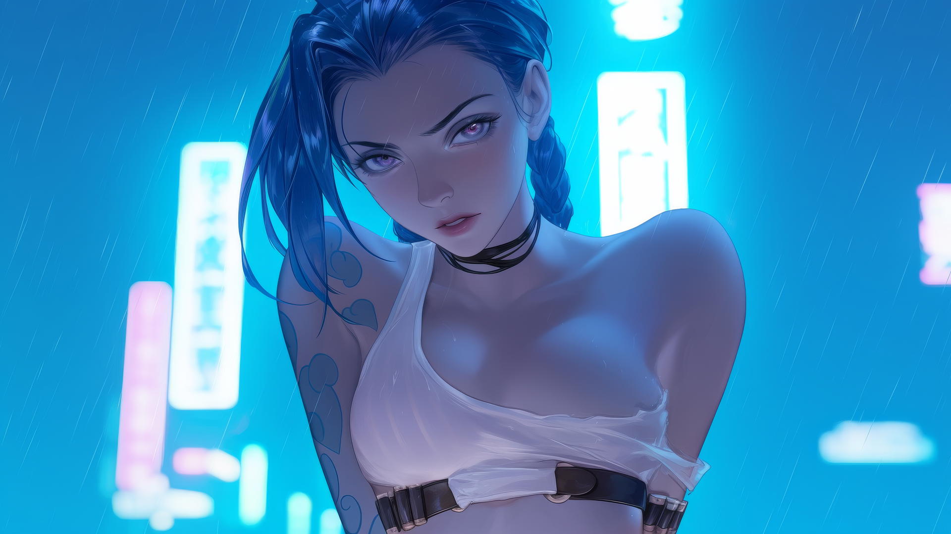 Jinx from League of Legends leaning forward on a rainy hotel ceiling, in neon light.