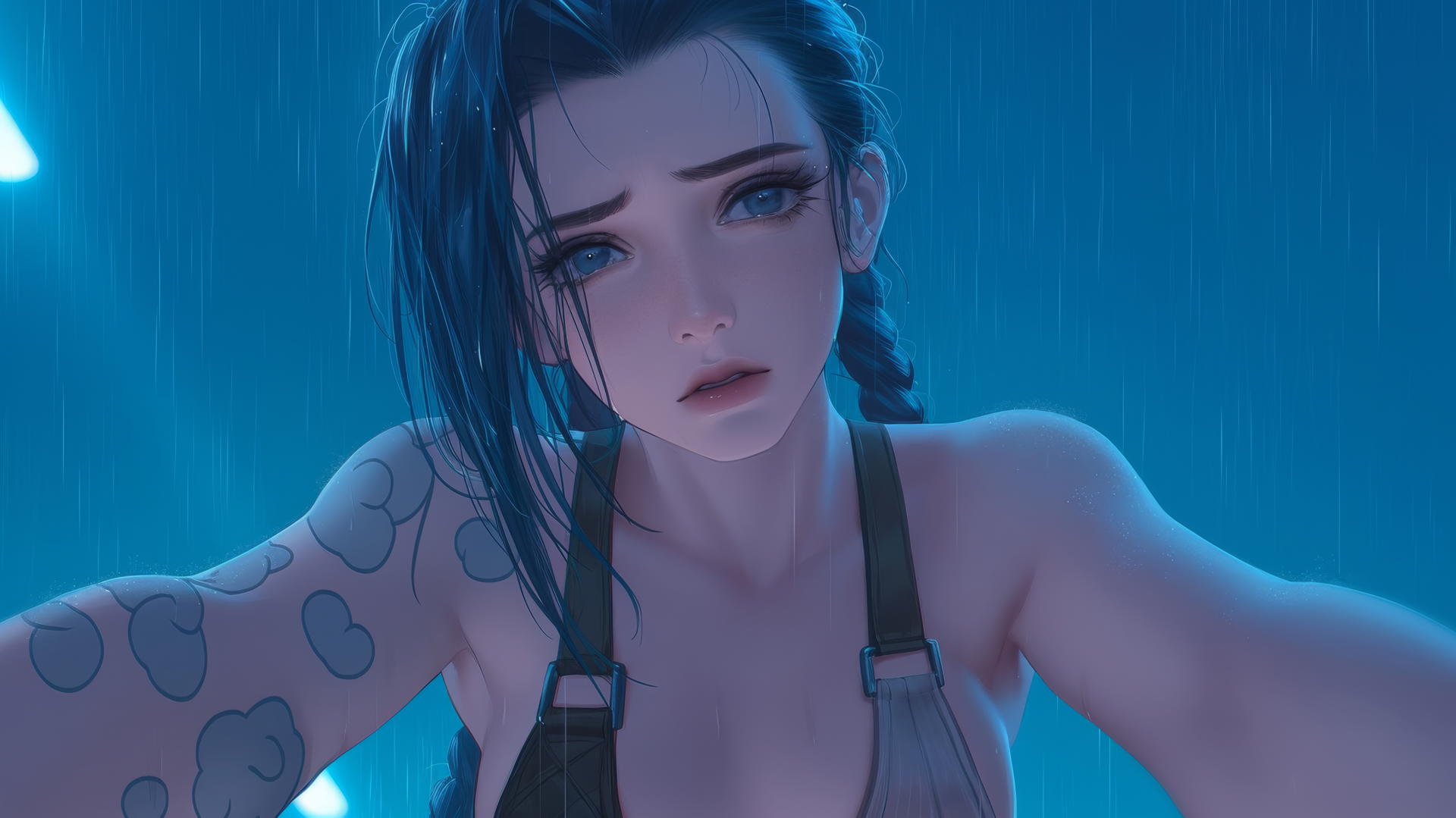 Jinx from League of Legends kneeling and looking down with neon-lit hotel ceiling behind