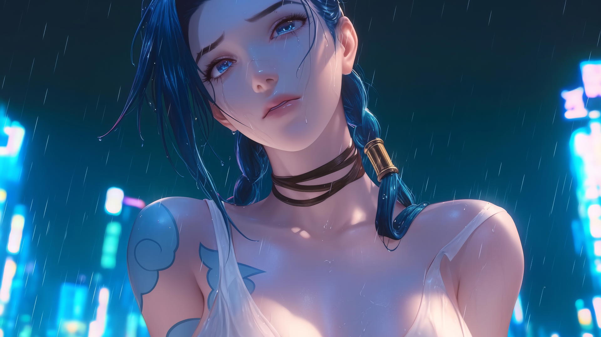 Jinx from League of Legends kneeling, looking down, with neon-lit hotel ceiling.