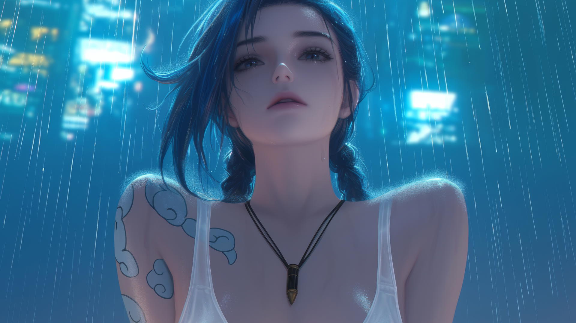 Jinx from League of Legends in broken white t-shirt kneeling under hotel ceiling with neon lights.
