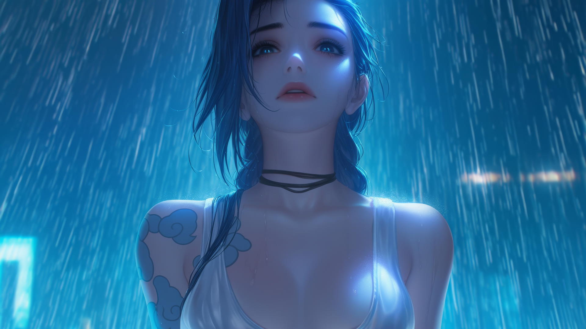 Jinx from League of Legends kneeling, wearing a broken white t-shirt underneath a neon-lit hotel ceiling.