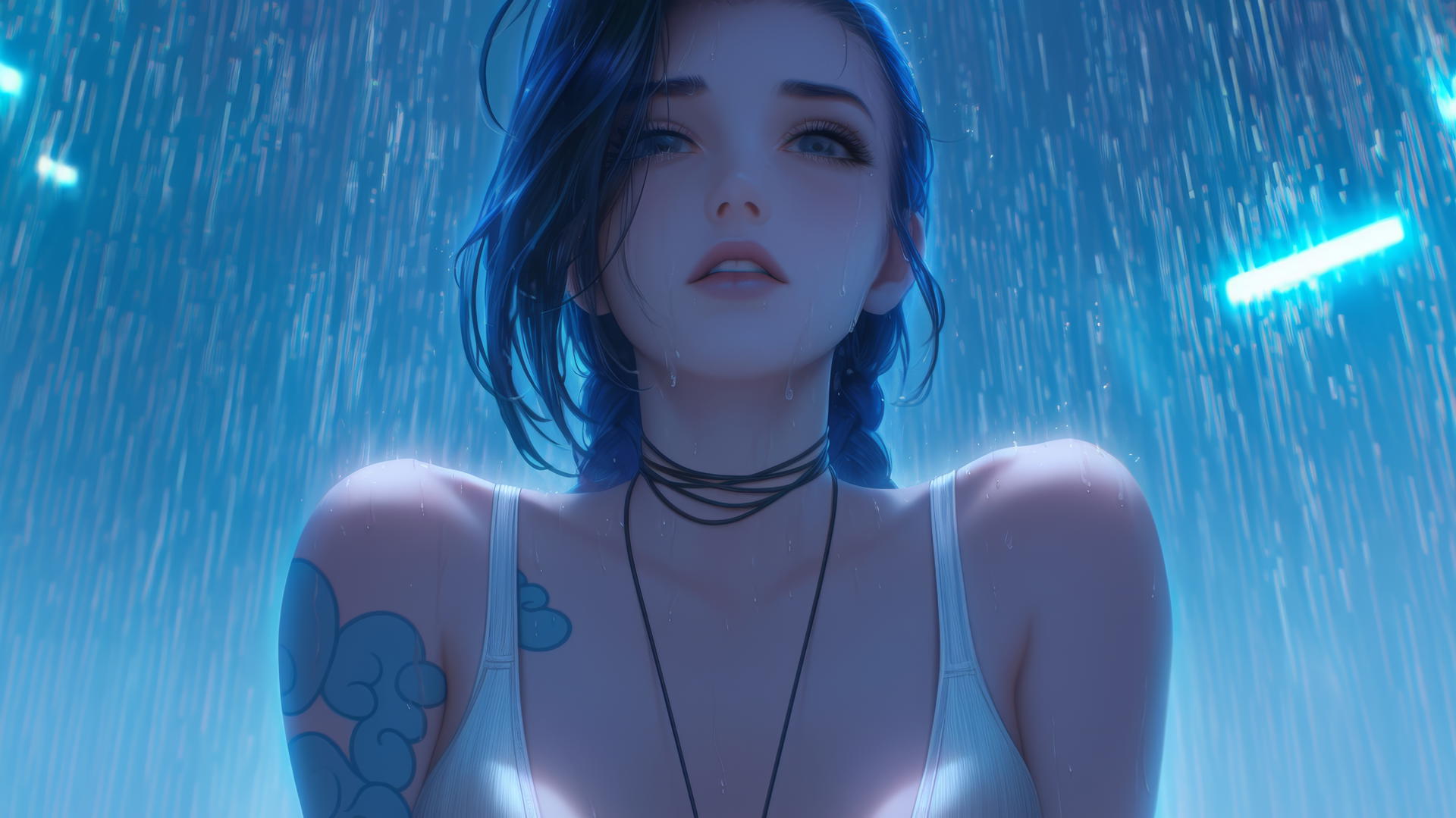 Jinx from League of Legends kneeling and looking straight down under hotel ceiling with neon light