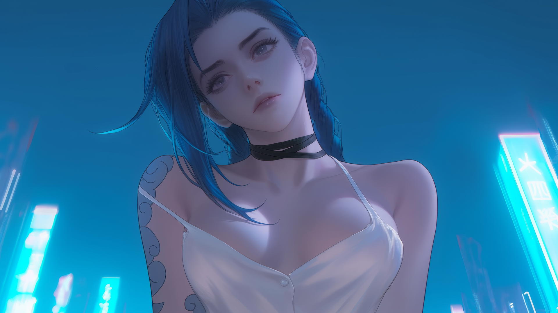 Jinx from League of Legends kneeling, eyes looking down, neon-lit hotel background.