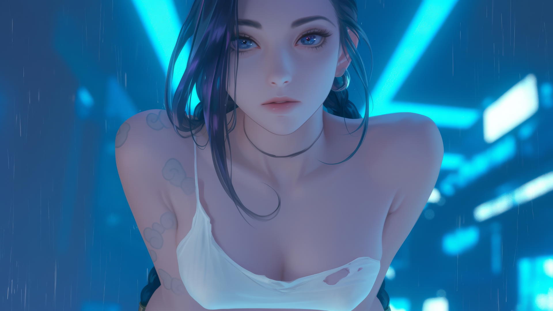 Jinx from League of Legends kneeling, looking down with a hotel ceiling background.