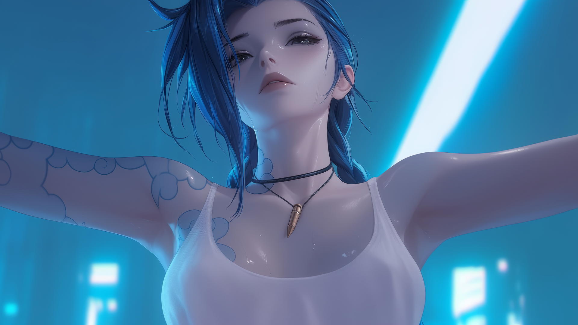 Jinx from League of Legends kneeling, looking straight down, under hotel ceiling with neon lights.