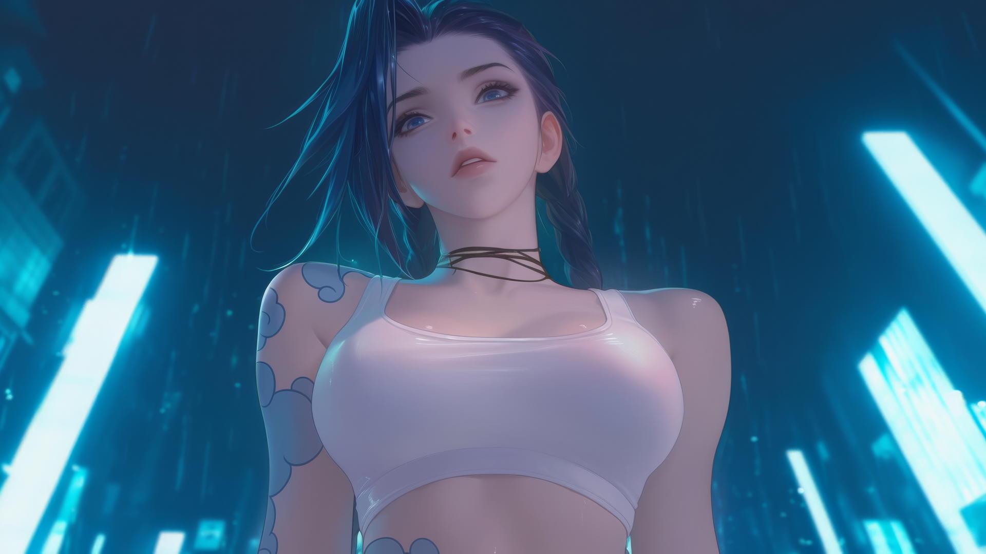 Jinx from League of Legends kneeling, looking down with a hotel ceiling and neon lights in the background.