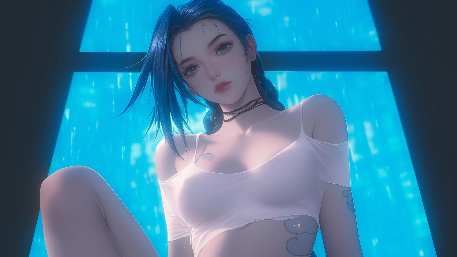 Jinx from League of Legends seen from below, wearing a broken white t-shirt, against an apartment ceiling.