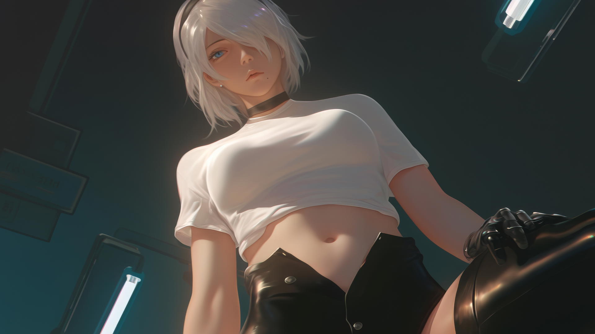 2B from Nier, in torn white t-shirt and blindfold, leaning down under neon-lit hotel ceiling.