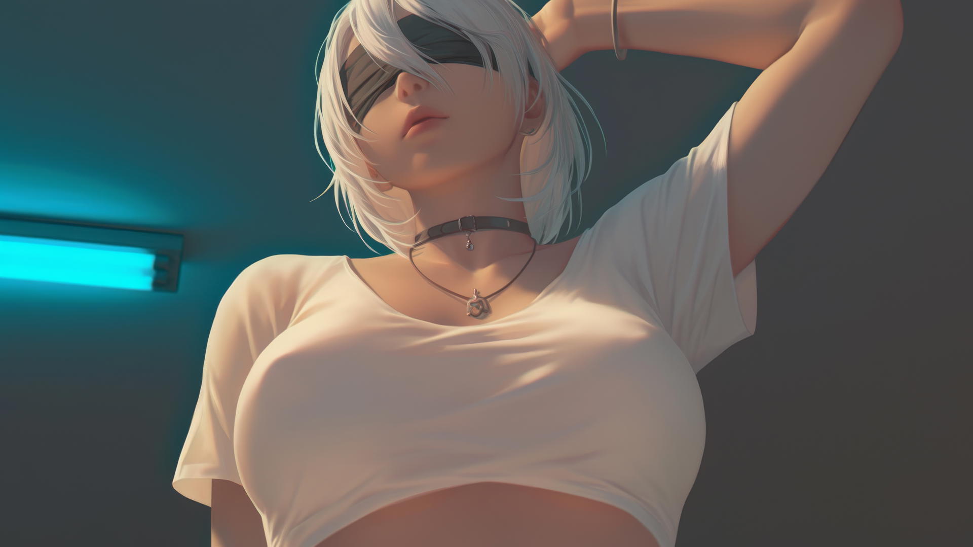2B from Nier in a broken white t-shirt and blindfold, kneeling, with hotel ceiling with neon light glow.