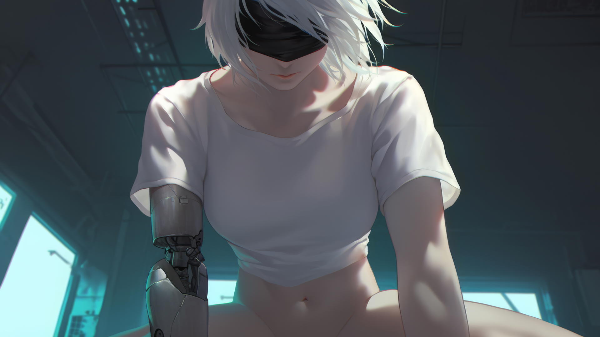 2B from Nier wearing a white t-shirt with a broken section, blindfolded, kneeling and leaning forward under a hotel ceiling with neon lights casting a glow.
