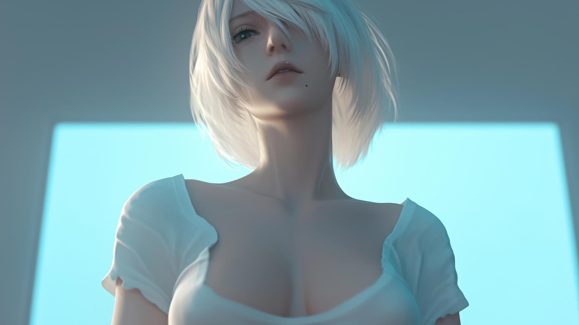 2B from Nier in a broken white t-shirt and blindfold, kneeling and leaning down with neon light casting a soft glow