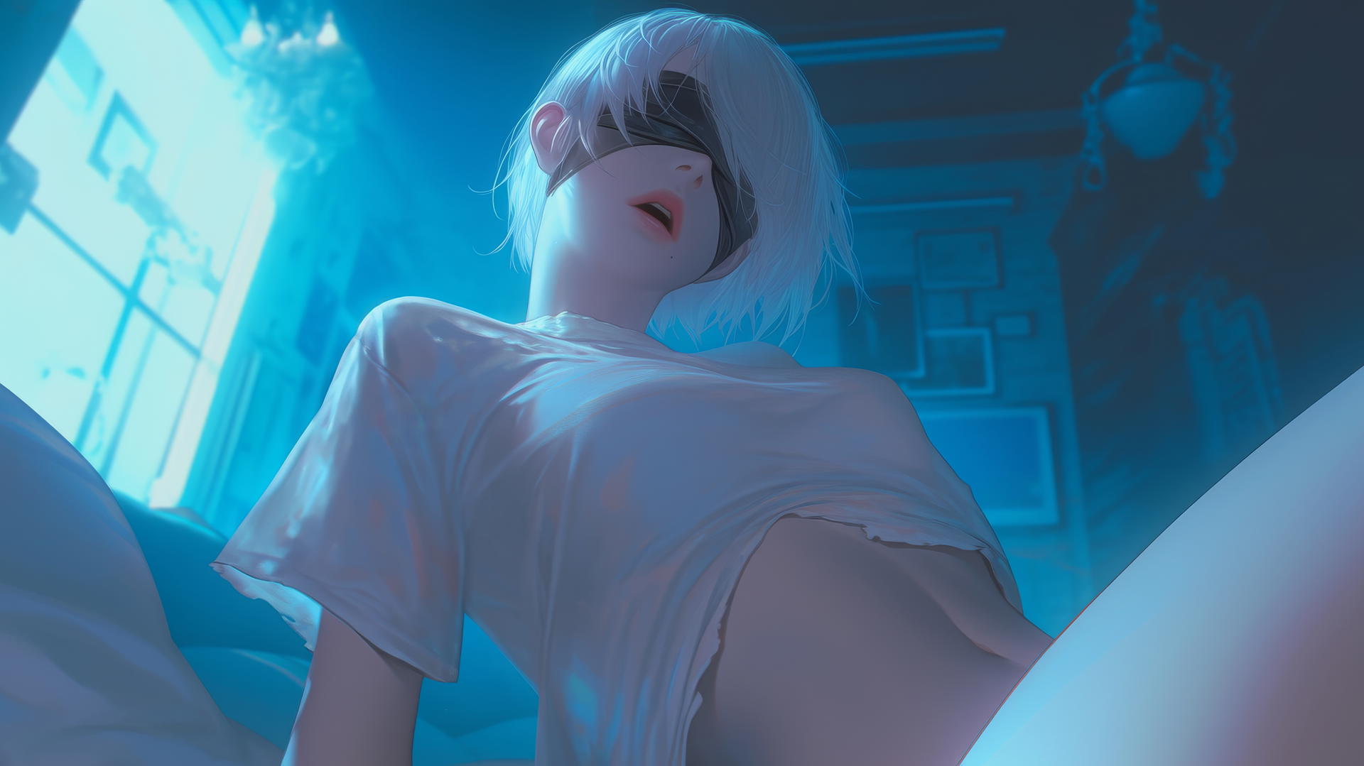 2B from Nier kneeling, howling in broken white T-shirt, with neon-lit hotel ceiling.
