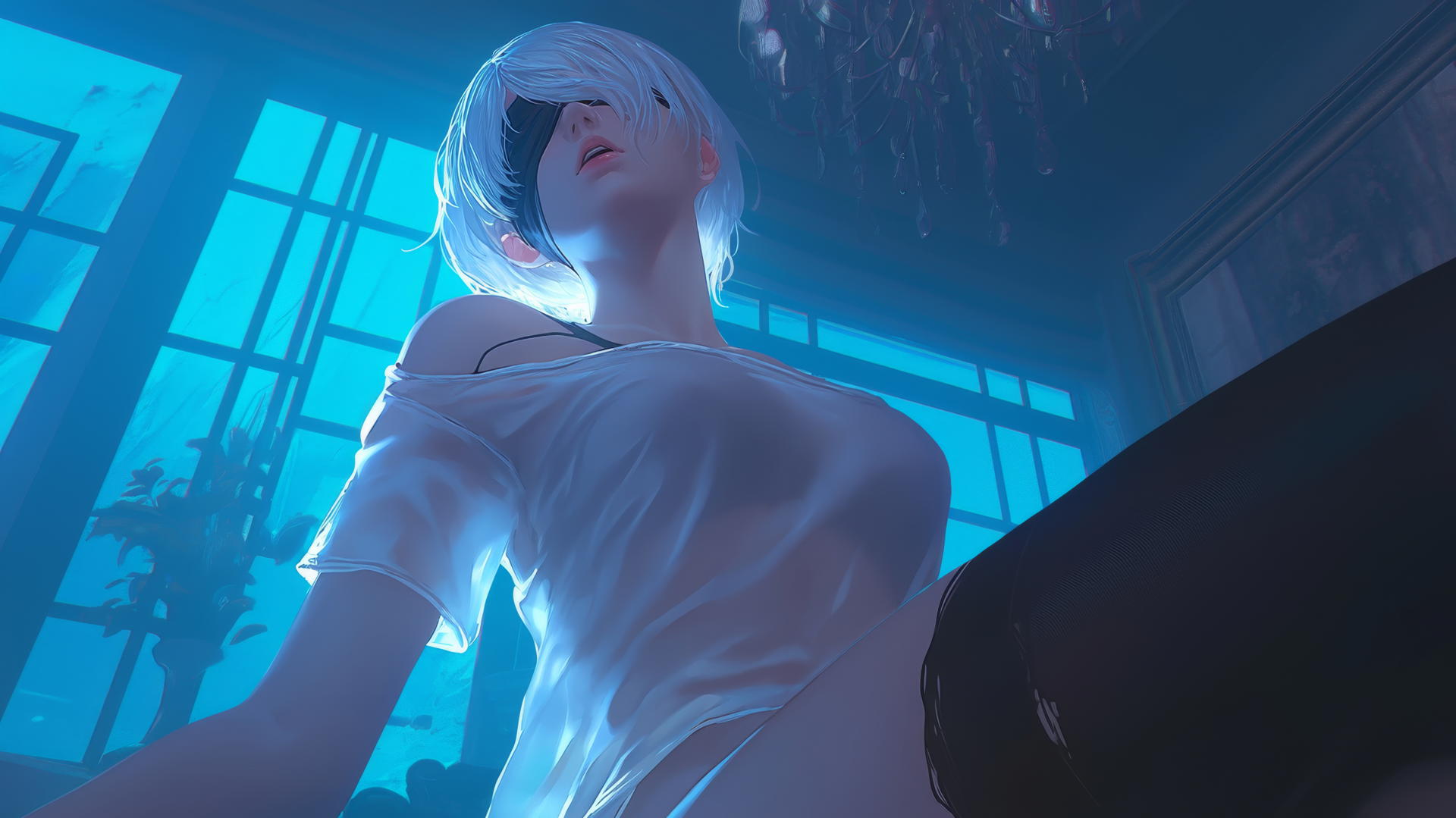 2B from Nier kneeling, howling, with broken white t-shirt and blindfold, neon-lit hotel ceiling background.
