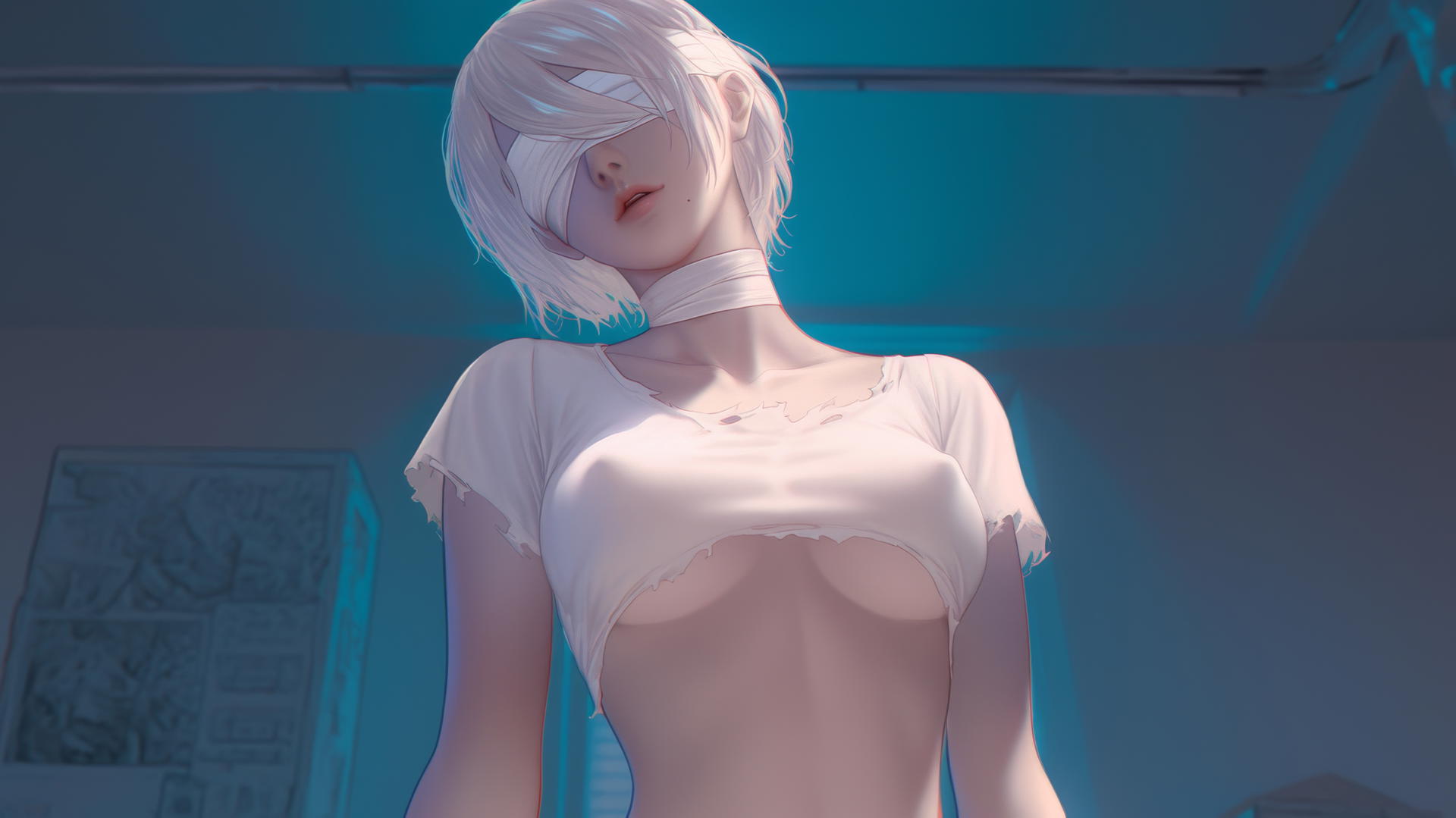 2B from Nier in a broken white t-shirt, kneeling, looking down with a neon-lit hotel ceiling behind her.