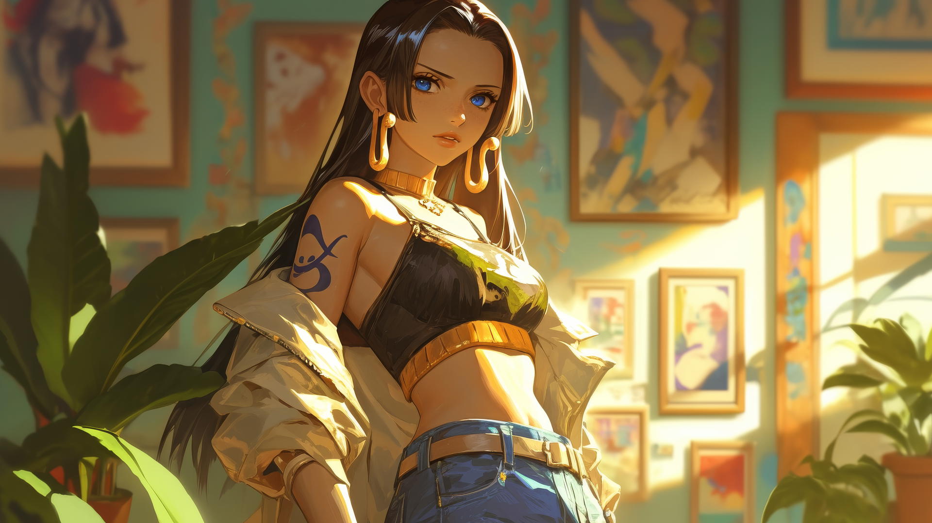 Boa Hancock from One Piece wandering through an art gallery with soft lighting