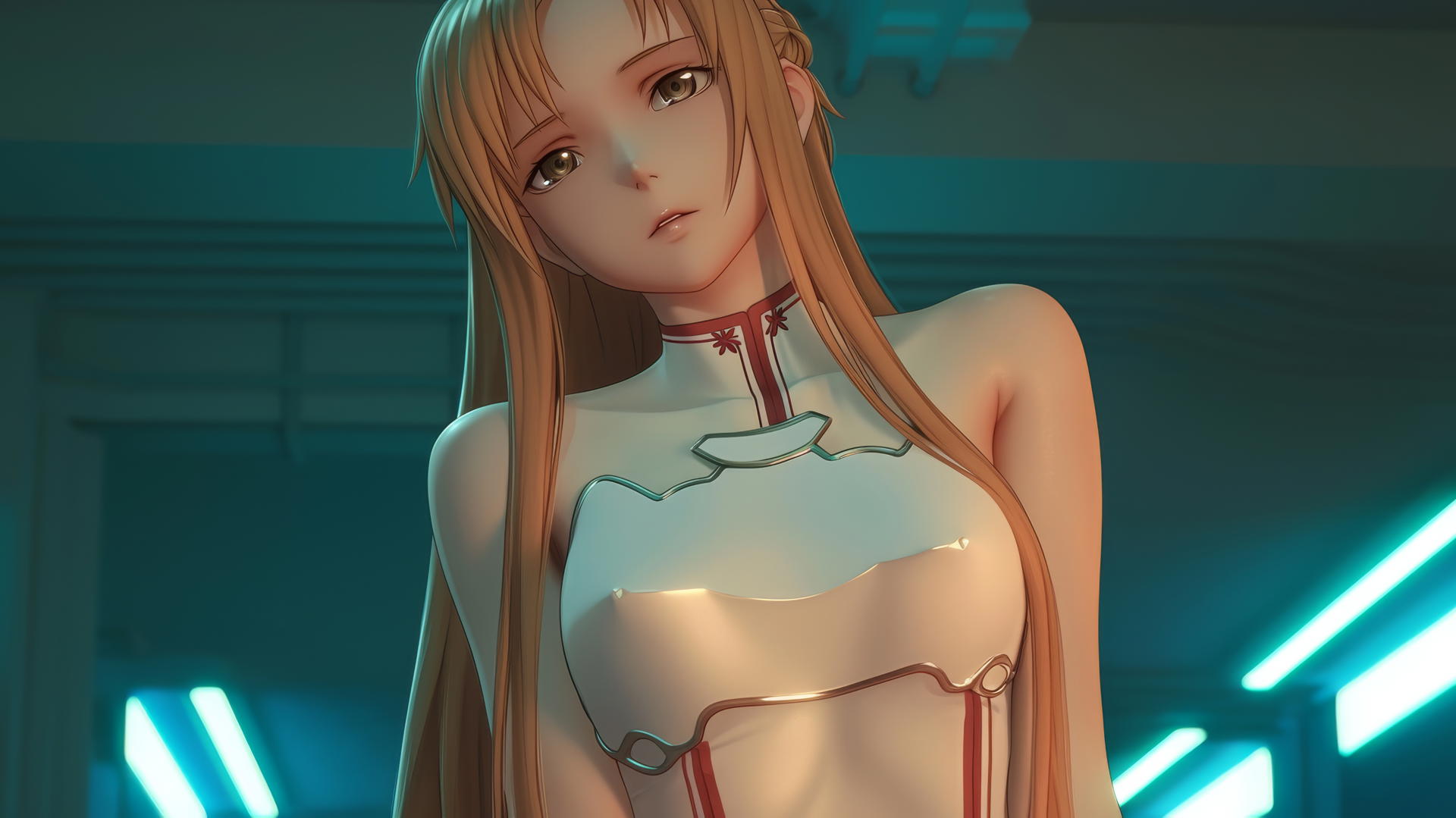 Asuna from Sword Art Online kneeling and leaning forward with hotel ceiling background, illuminated by neon lights.