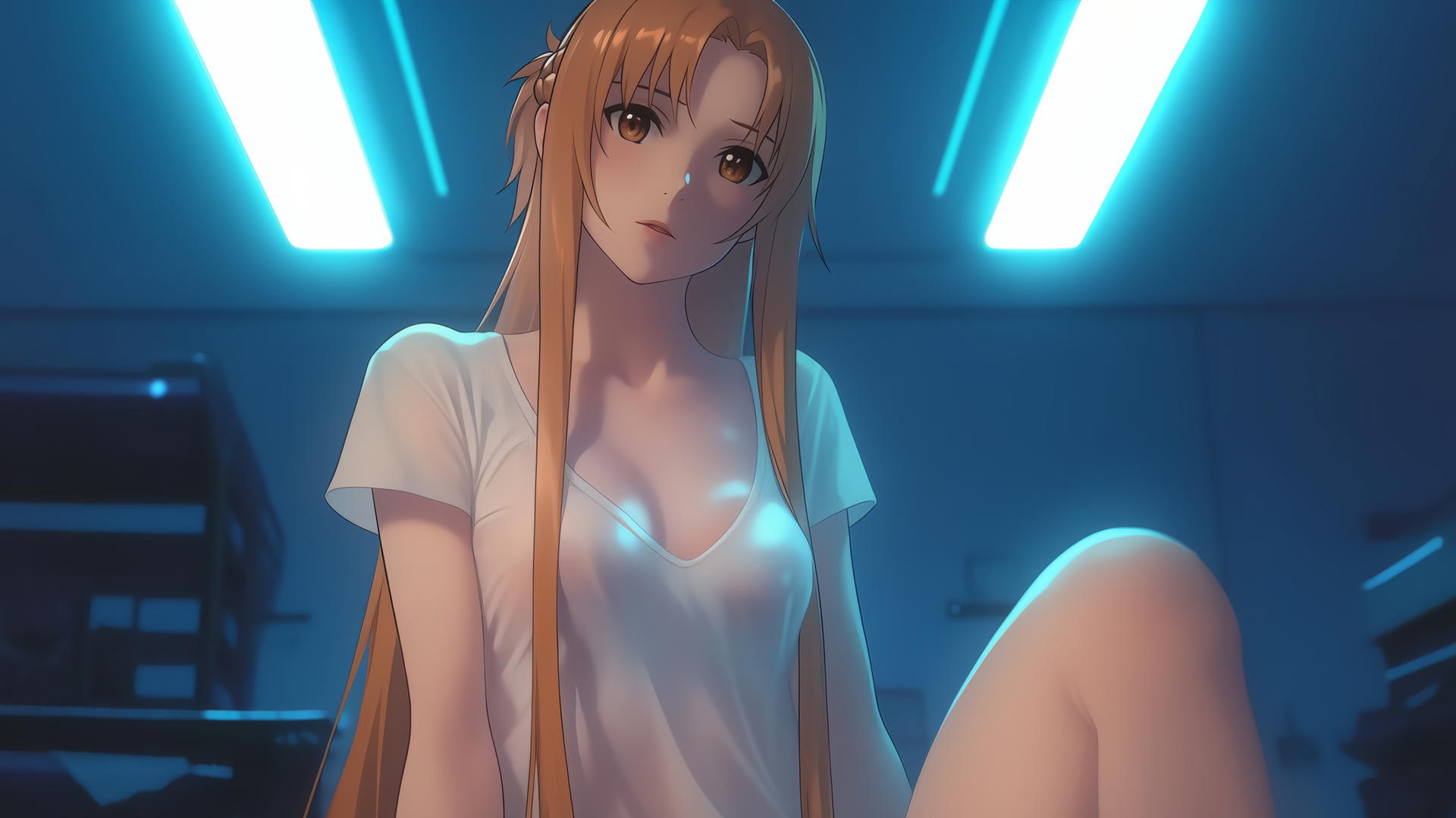 Asuna from Sword Art Online viewed from below in a white t-shirt, with hotel ceiling background, leaning and looking down.