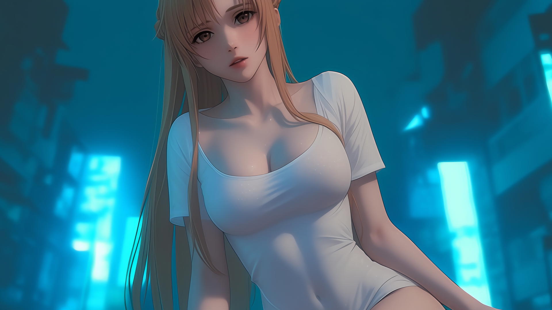 Asuna from Sword Art Online kneeling, with neon-lit hotel ceiling behind
