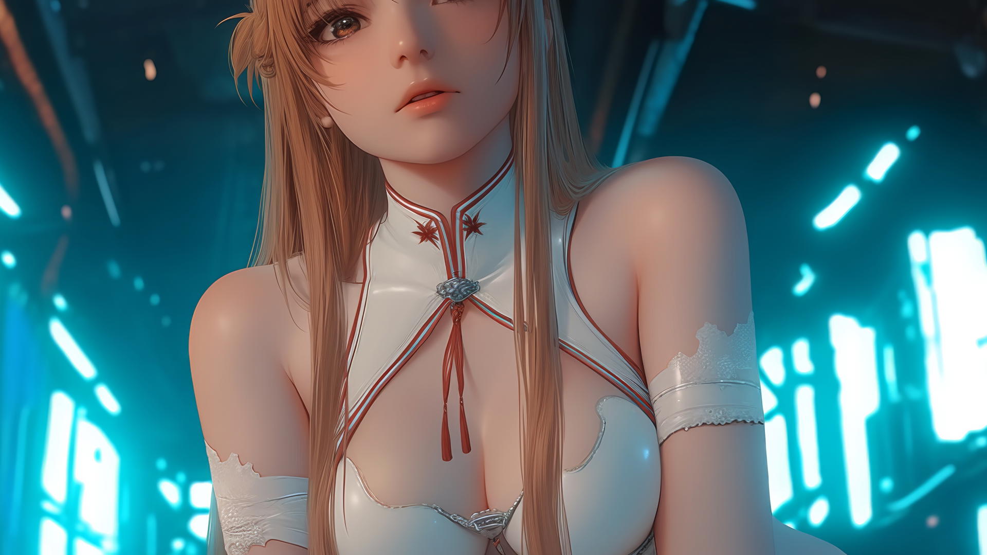 Asuna from Sword Art Online seen from below with neon-lit hotel ceiling, long strawberry blond hair, and hazel eyes.