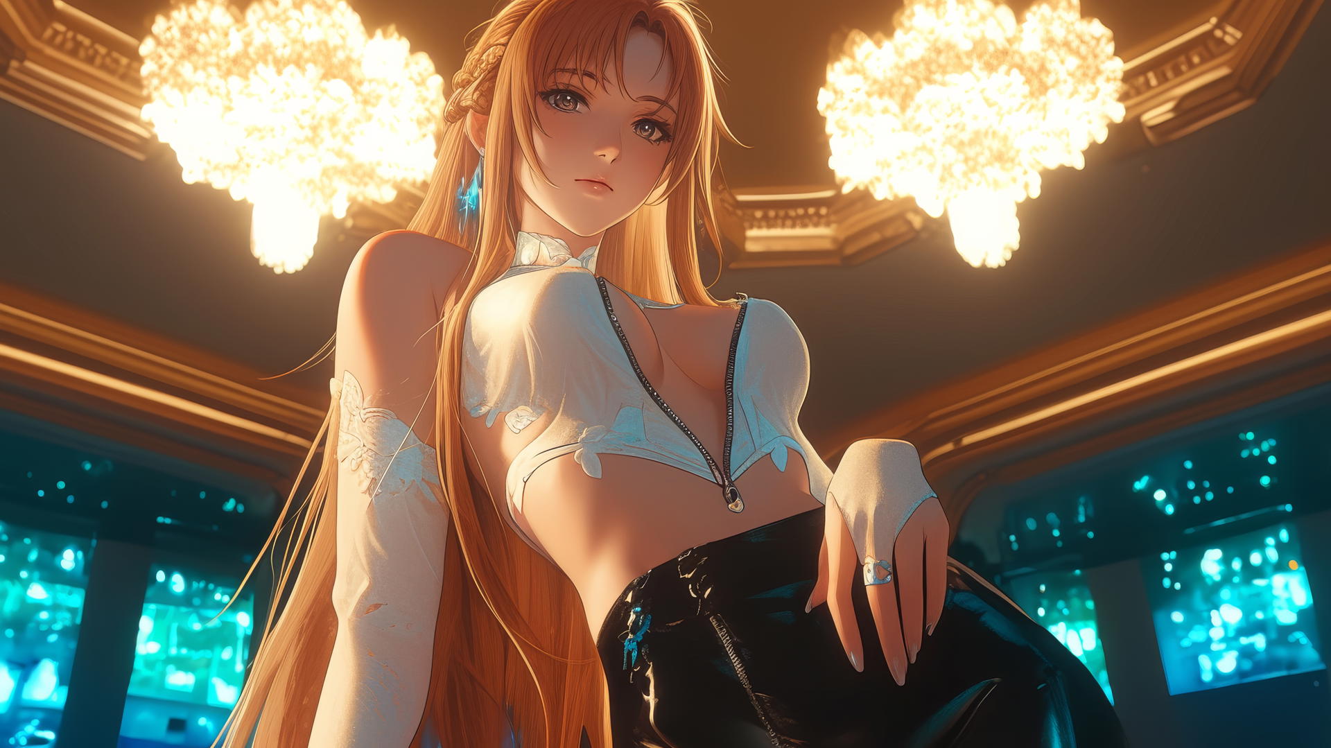 Asuna from Sword Art Online kneeling, seen from below, with hotel ceiling and neon lights
