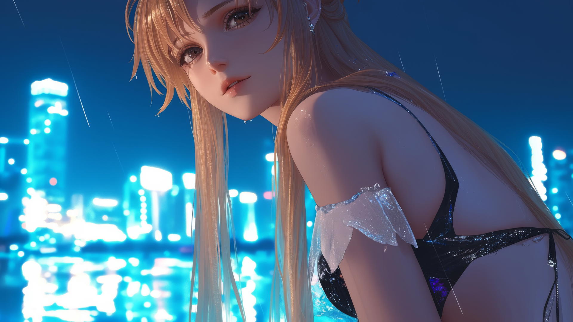 Asuna from Sword Art Online kneeling and looking down with a hotel ceiling and neon lighting.