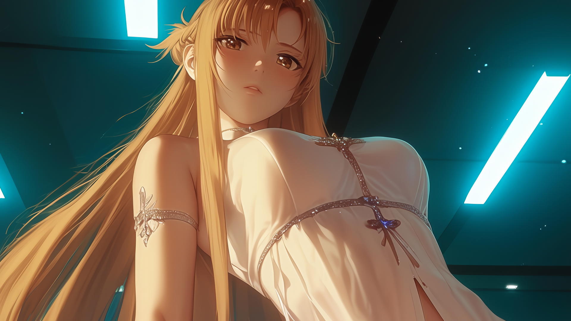 Asuna from Sword Art Online with long strawberry blond hair, in leather, kneeling and looking down, hotel ceiling background.