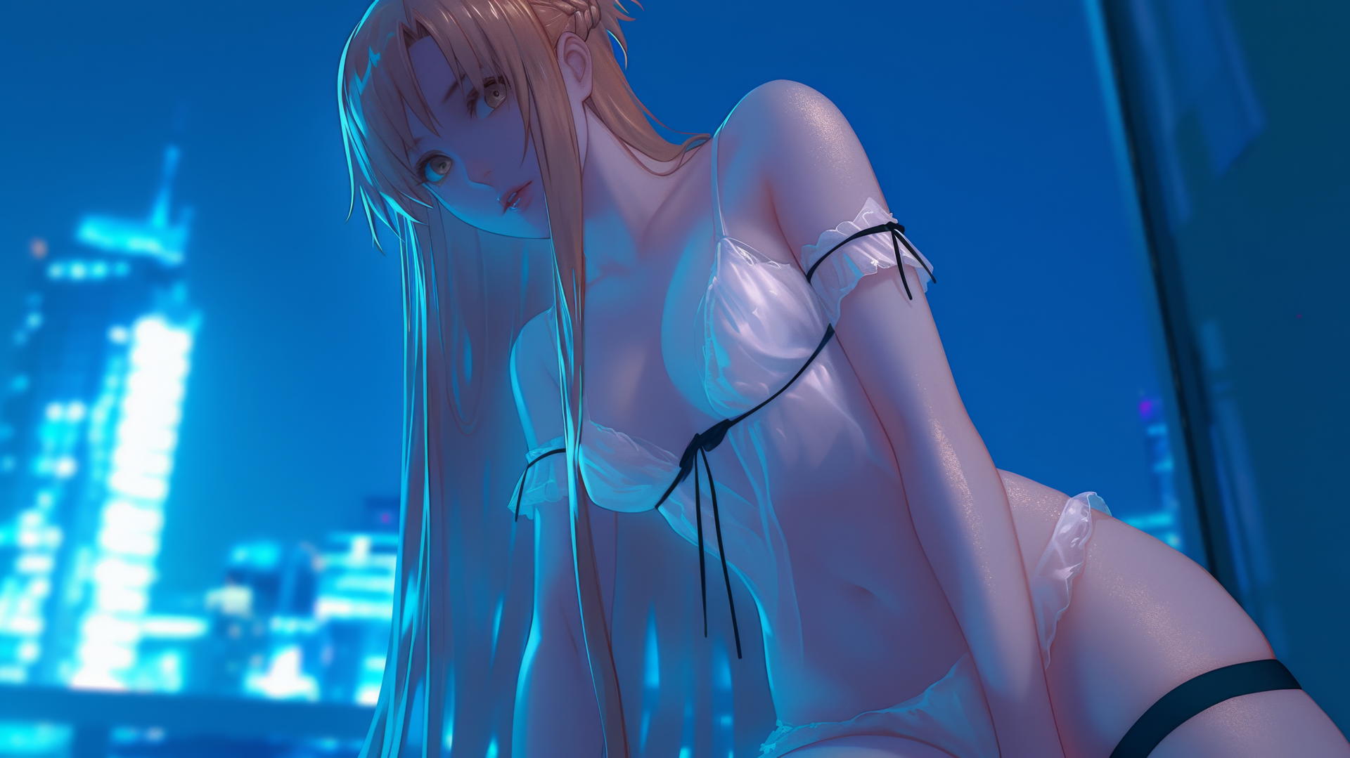 Asuna from Sword Art Online kneeling with a hotel ceiling background, neon lights glowing.