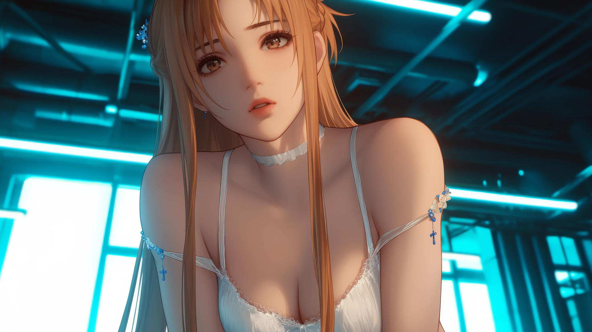Asuna from Sword Art Online kneeling, looking down with neon-lit ceiling behind.