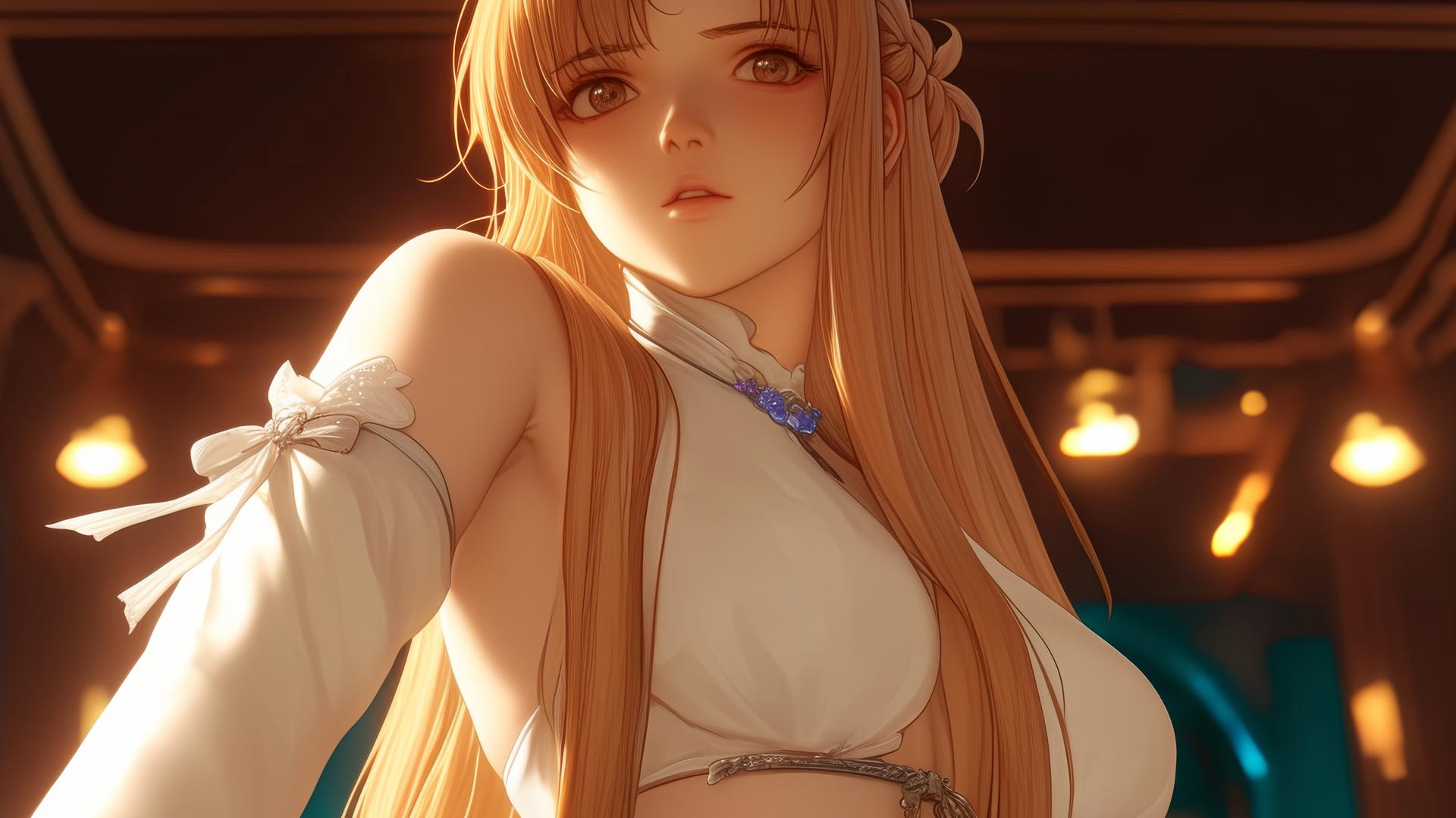 Asuna from Sword Art Online leaning and looking down with neon-lit hotel ceiling background.