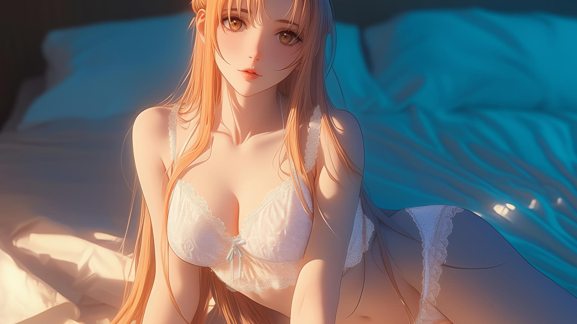 Asuna from Sword Art Online kneels and looks up, bathed in a neon glow.