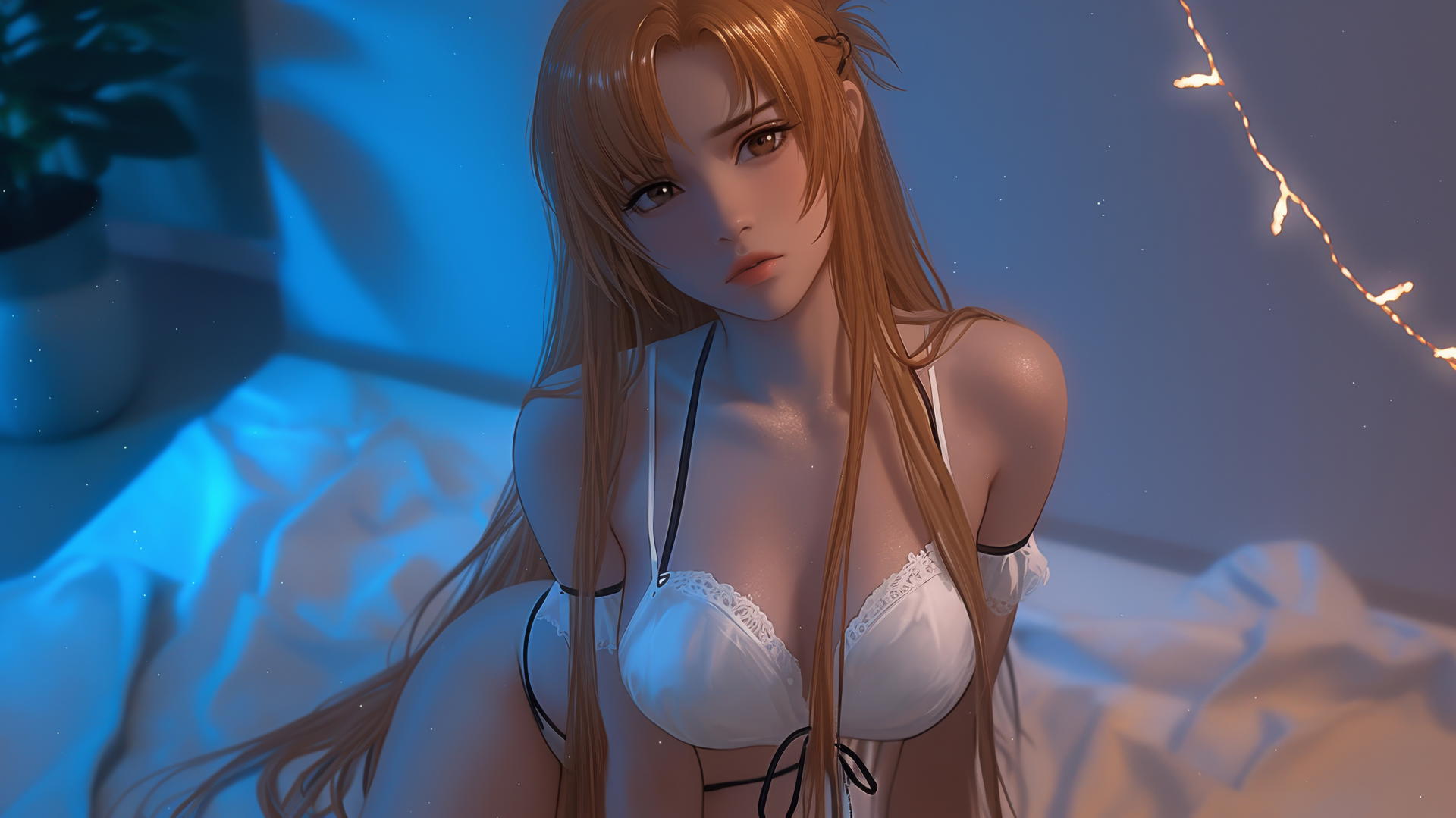 Asuna from Sword Art Online kneeling and looking up, neon hotel room glow