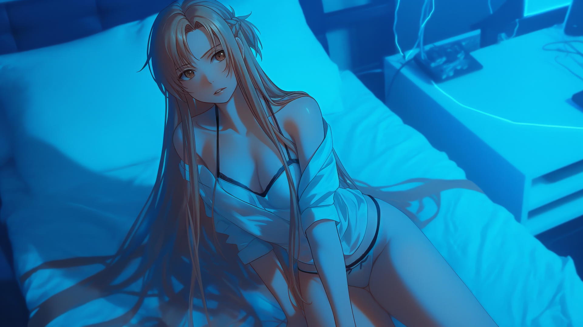 Asuna from Sword Art Online, kneeling and looking up with neon light casting a soft glow