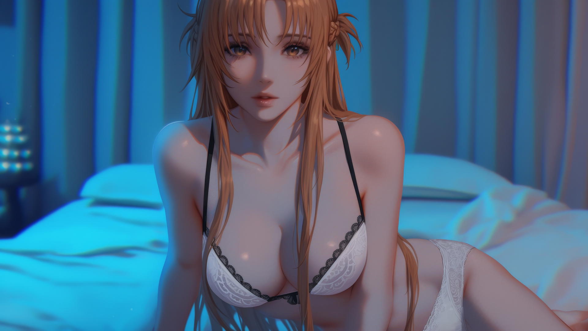 Asuna from Sword Art Online kneeling and looking up, neon-lit modern hotel room, strawberry blond hair, hazel eyes
