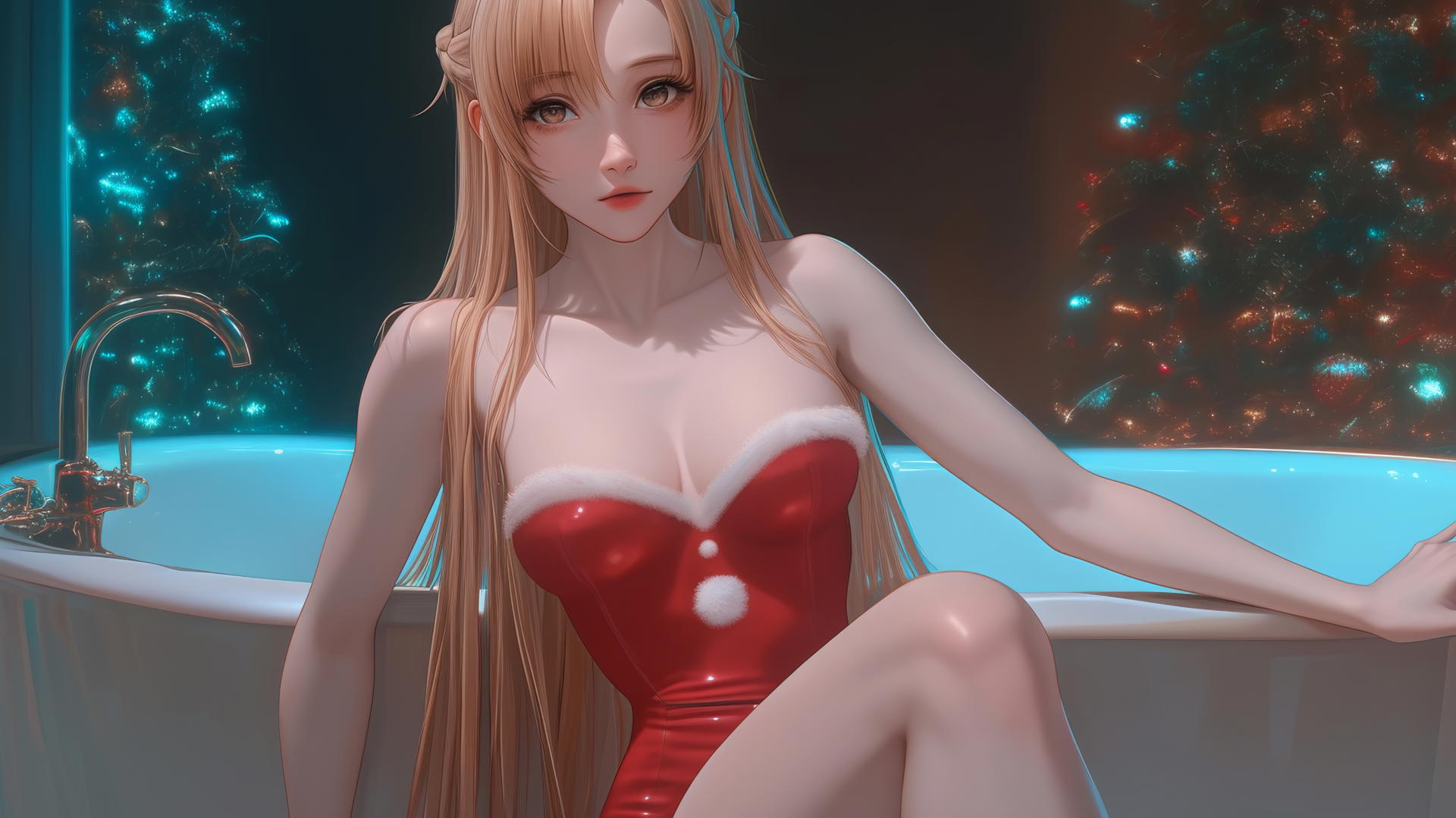 Asuna from Sword Art Online in a modern Christmas-themed hotel room with neon lighting.