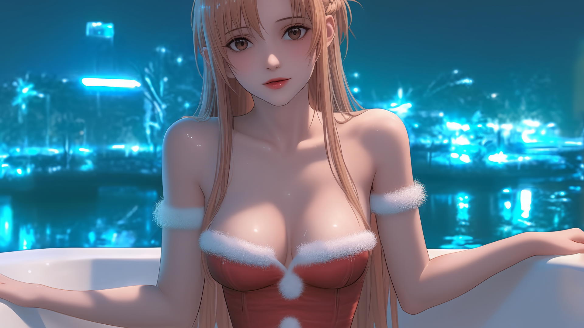 Asuna from Sword Art Online in a Christmas red outfit in a modern hotel room with neon light.