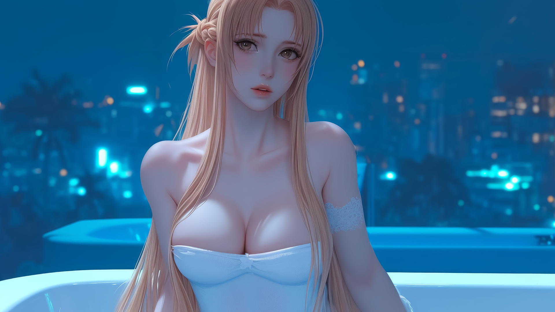 Asuna from Sword Art Online, neon-lit in a modern hotel room