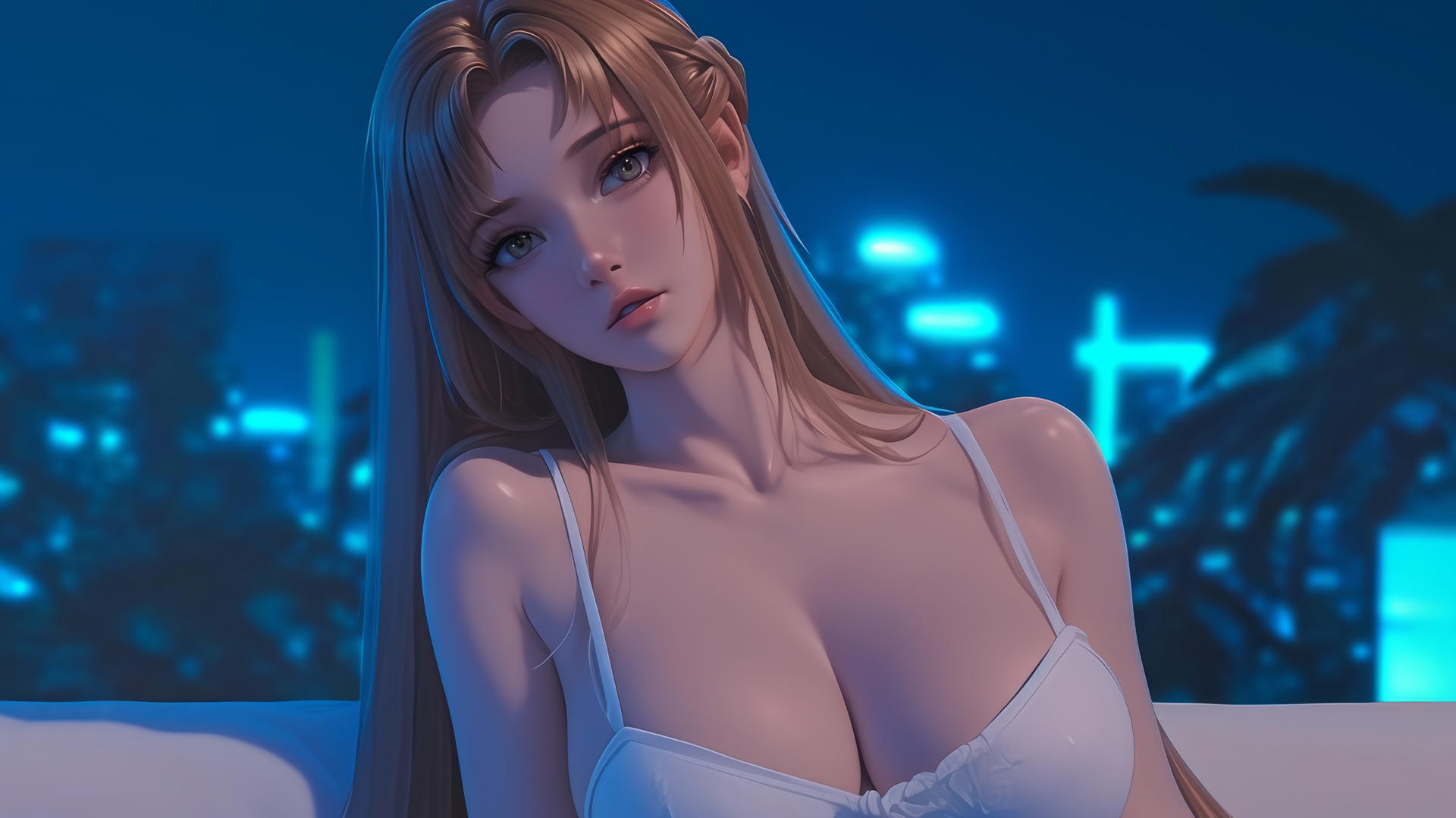 Asuna from Sword Art Online at a modern hotel room, neon lit, strawberry blond hair, hazel eyes.