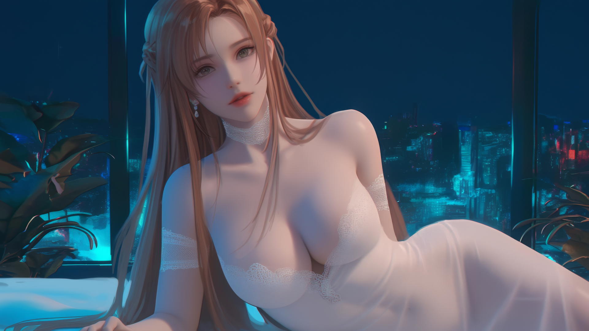 Asuna resting in a hotel room with neon glow