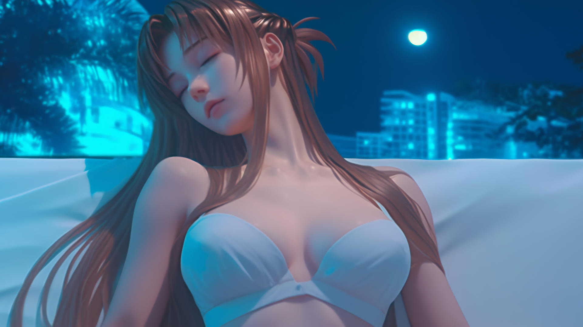 Asuna from Sword Art Online resting in a modern hotel room with neon light