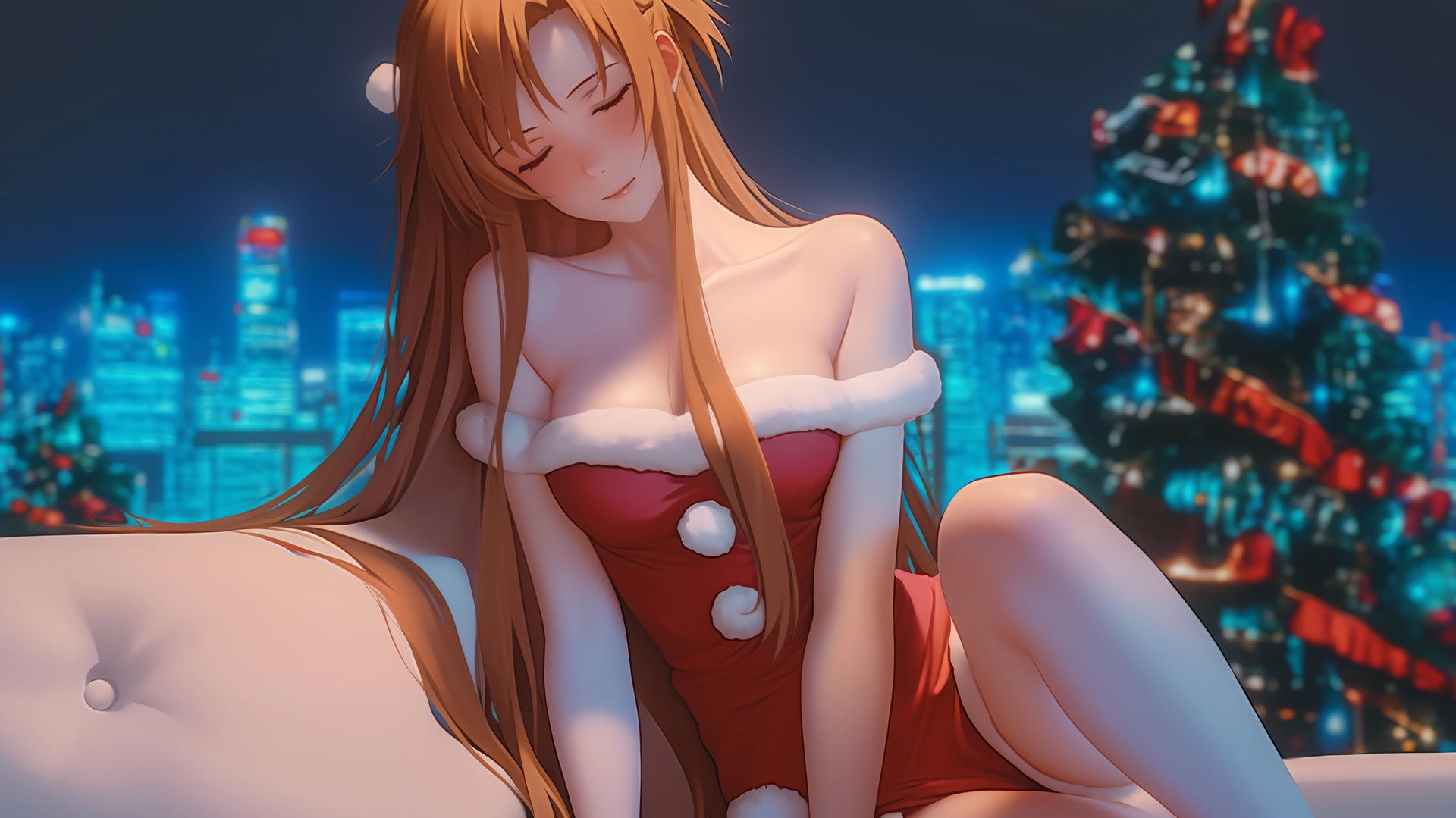 Asuna from Sword Art Online in a Christmas-themed hotel room, with neon lighting, long strawberry blond hair, and hazel eyes.