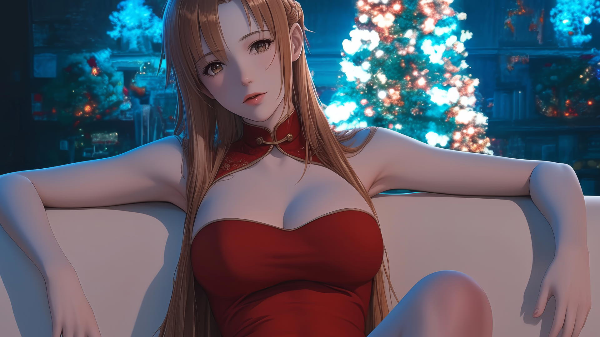 Asuna from Sword Art Online in a red Christmas outfit, resting in a modern hotel room with neon light.