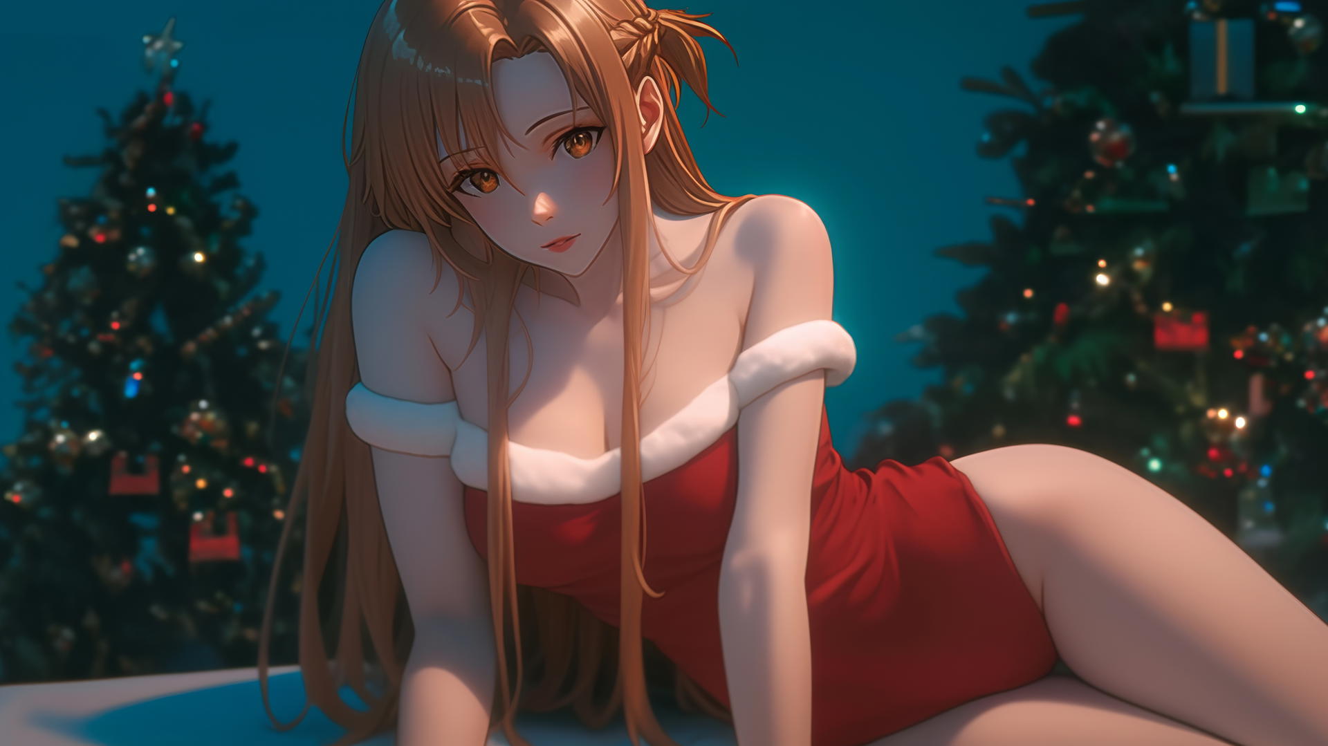 Asuna from Sword Art Online in a Christmas-themed red outfit resting in a modern hotel room with neon lighting