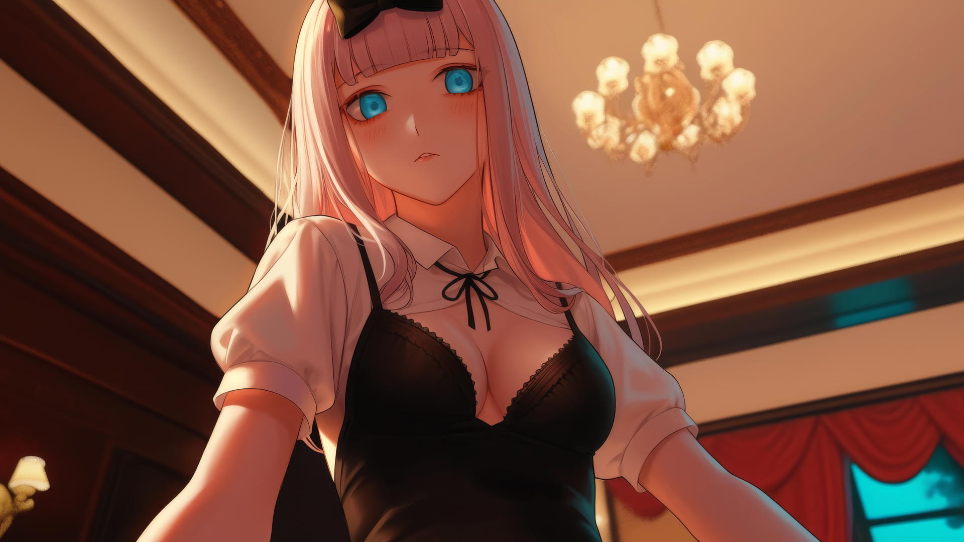 Chika Fujiwara kneeling, looking down with light pink hair, hotel ceiling background, soft neon glow