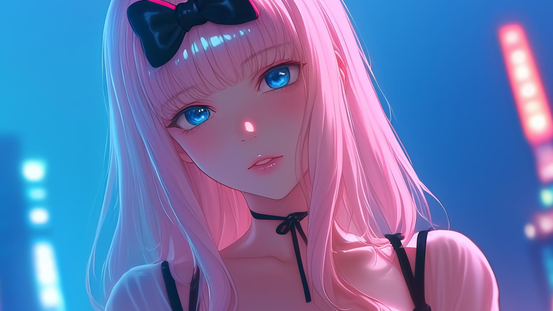 Chika Fujiwara from Kaguya-sama wa Kokurasetai kneeling, looking down, with hotel ceiling background.