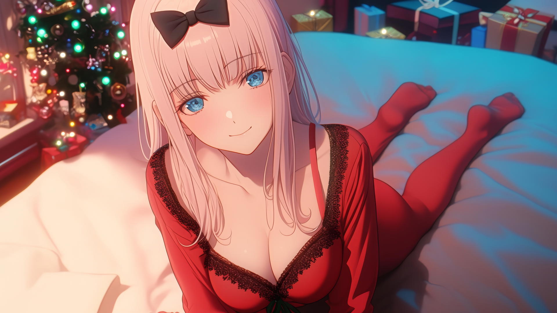 Chika Fujiwara kneeling and looking up, in Christmas attire, neon-lit hotel room