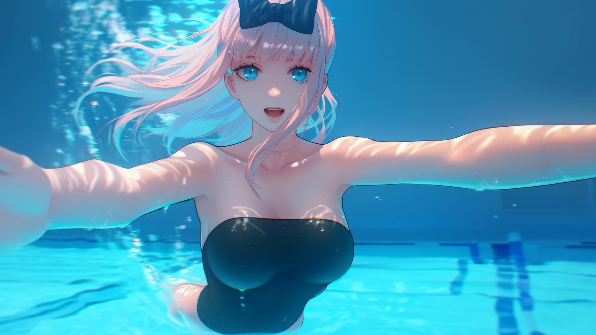 Chika Fujiwara jumping out of a swimming pool with moonlight casting a glow on her