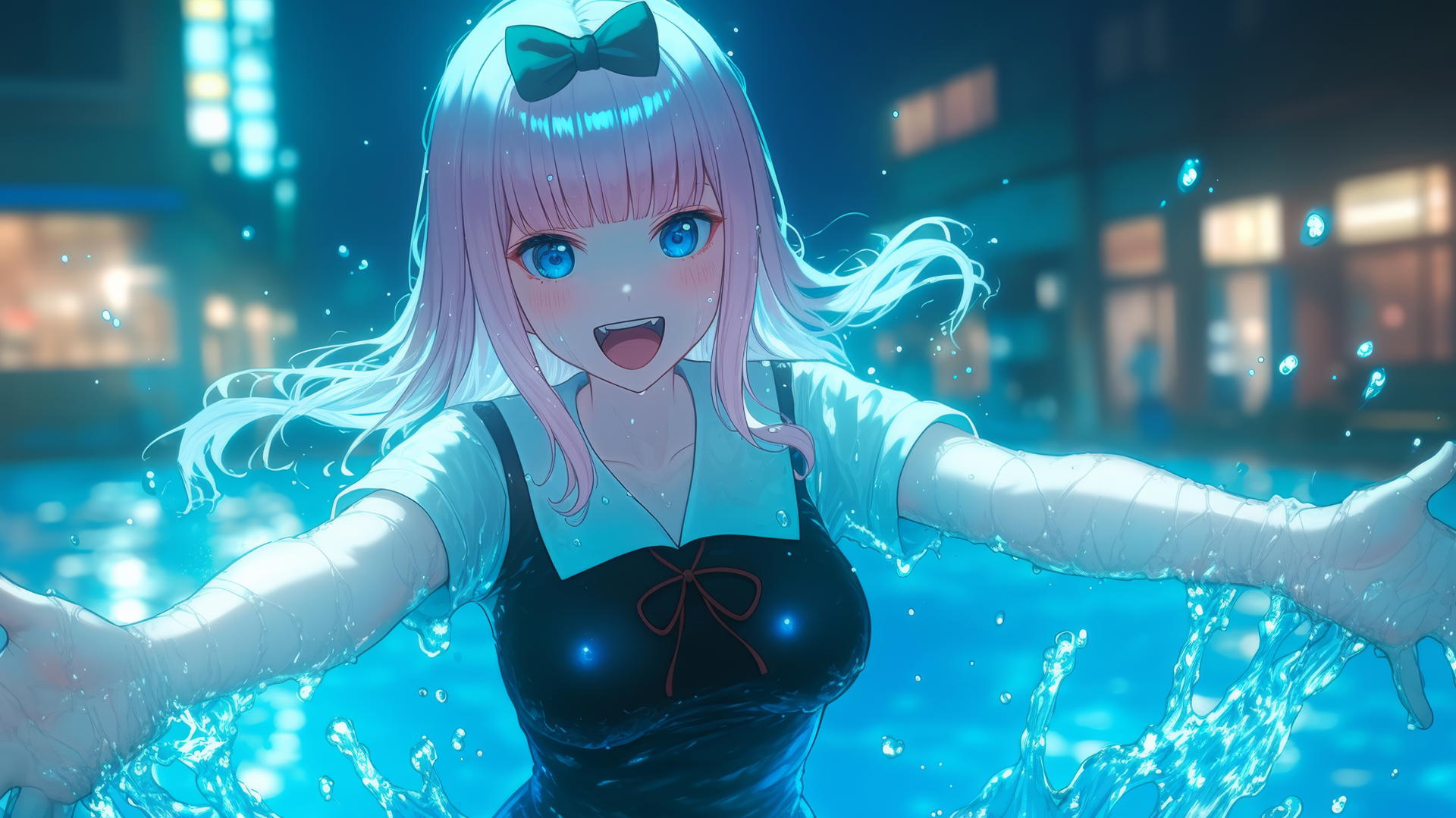 Chika Fujiwara with pink hair and a black bow jumping out of a swimming pool under moonlight