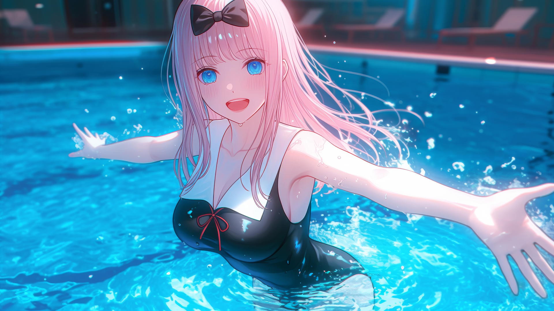 Chika Fujiwara with light pink hair jumps out of a swimming pool under moonlight.