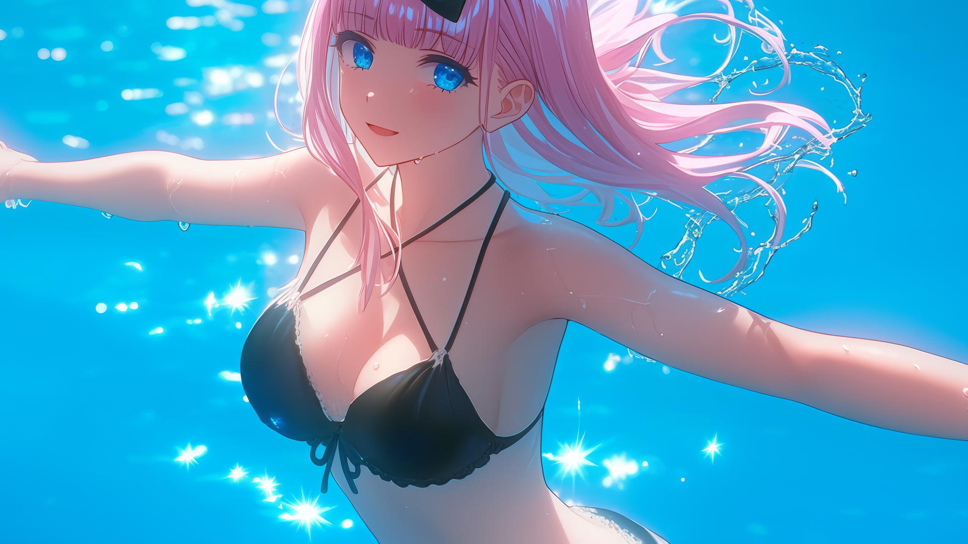 Chika Fujiwara jumping out of swimming pool under moonlight, with light pink hair and blue eyes.