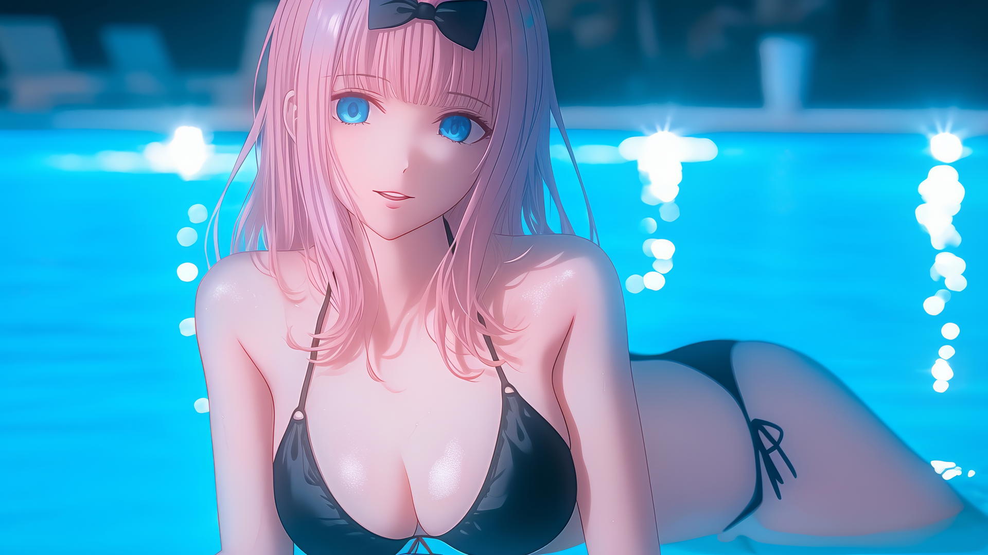 Chika Fujiwara with pink hair and black bow, resting by the pool under moonlight.